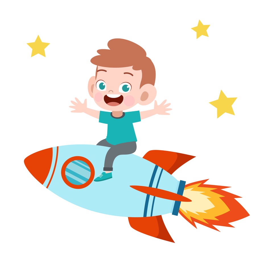 Young boy on a rocket shooting into the stars