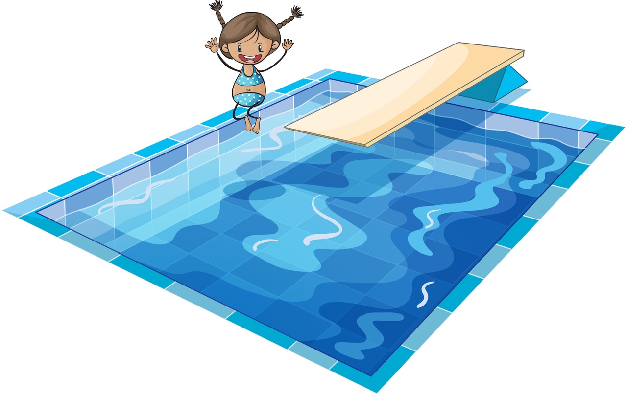 Girl jumping into built in swimming pool with diving board