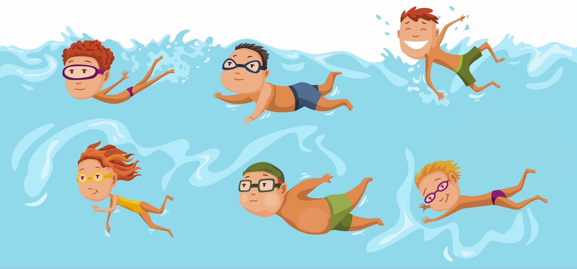 two rows of 3 children swimming