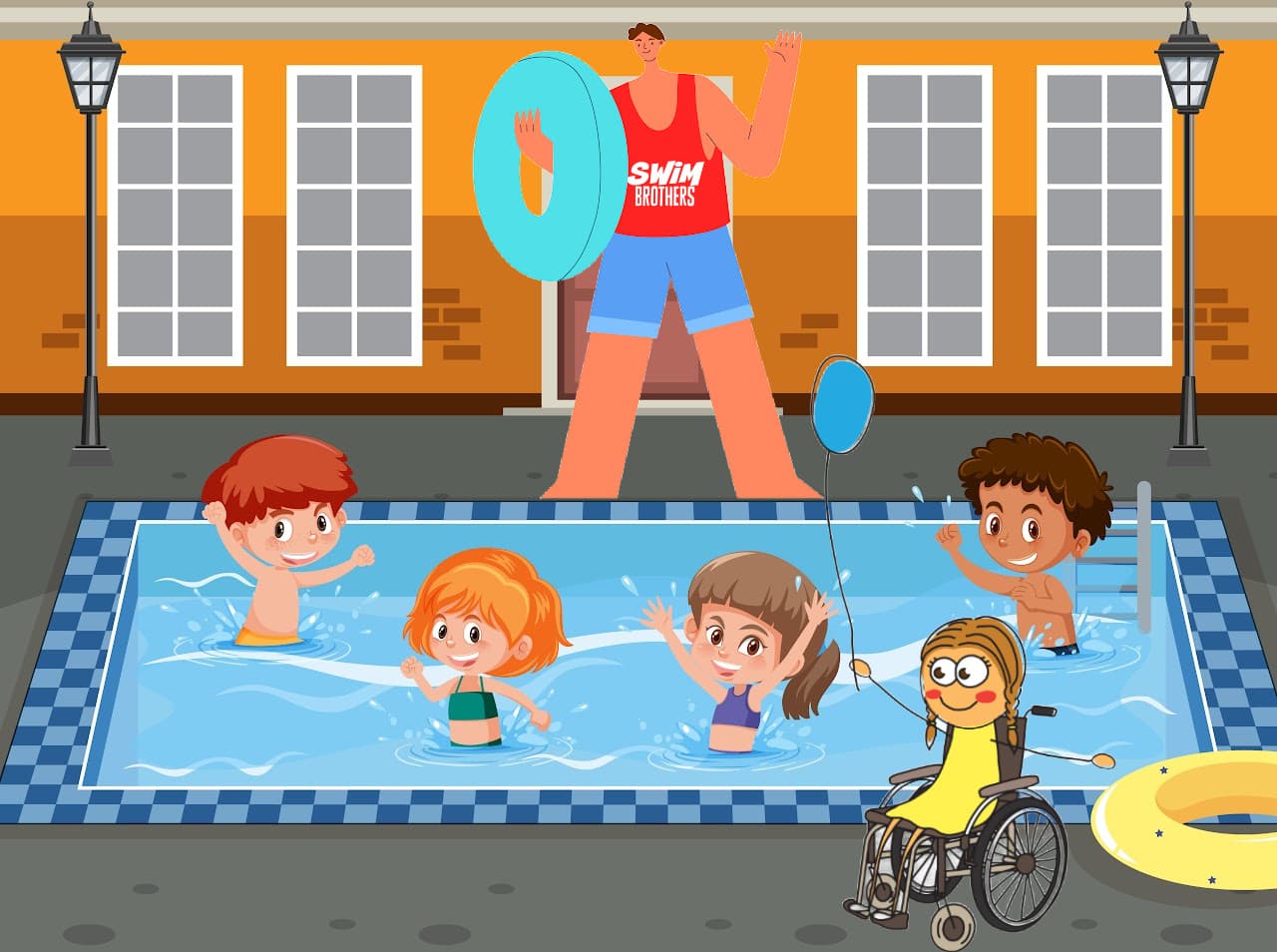Swim Brothers instructor waving at children in pool and little girl holding balloon, representing inclusive swim lessons private at your pool in York Region