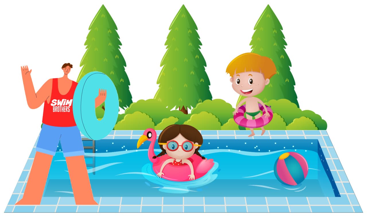 Children swimming in backyard pool and certified swim instructor arrives, representing at-home kids swim lessons in York Region