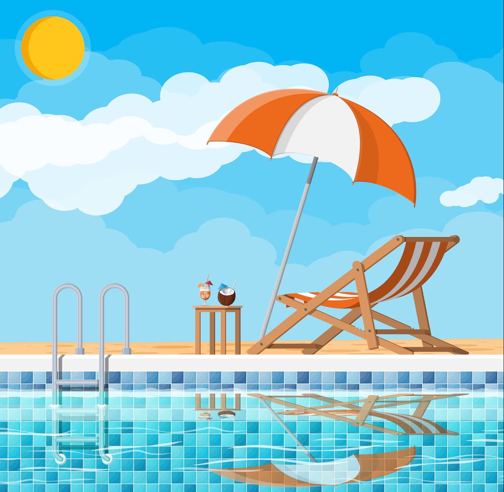 Lounge chair by the outdoor pool in summer, representing mobile swim lessons in Mill Pond, Richmond Hill, York Region