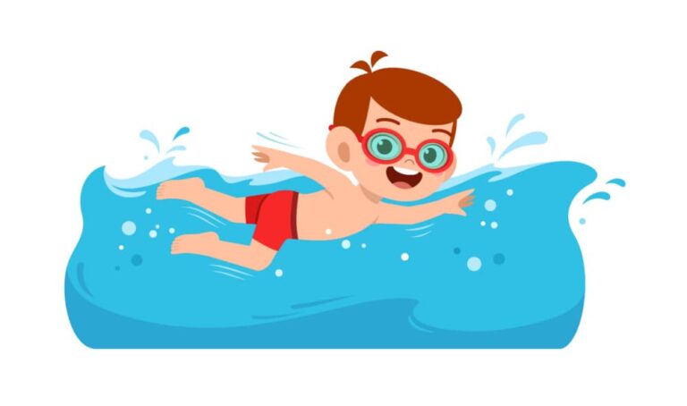 Preschool child learning to swim. Swim Brothers provides mobile swim lessons in York Region and this article explains the Lifesaving Society Preschool Swim Levels